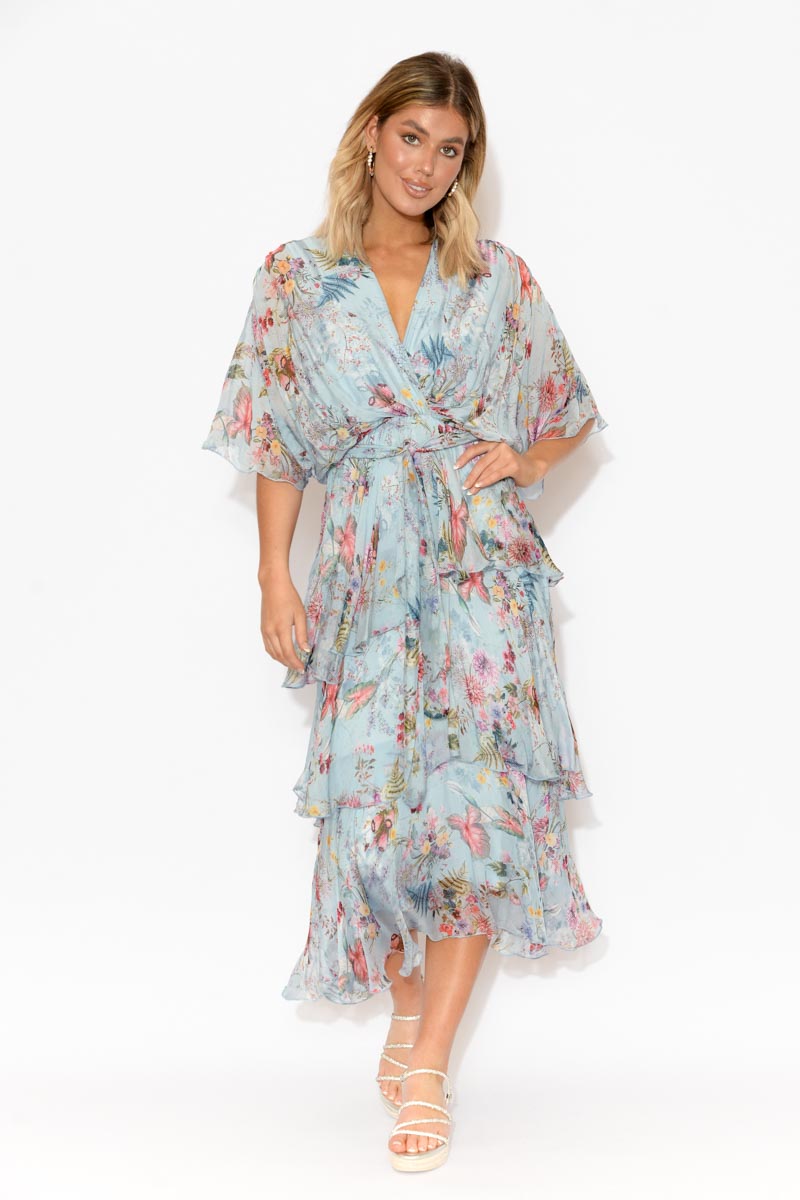 Natalie Blue Floral Silk Layer Dress ...